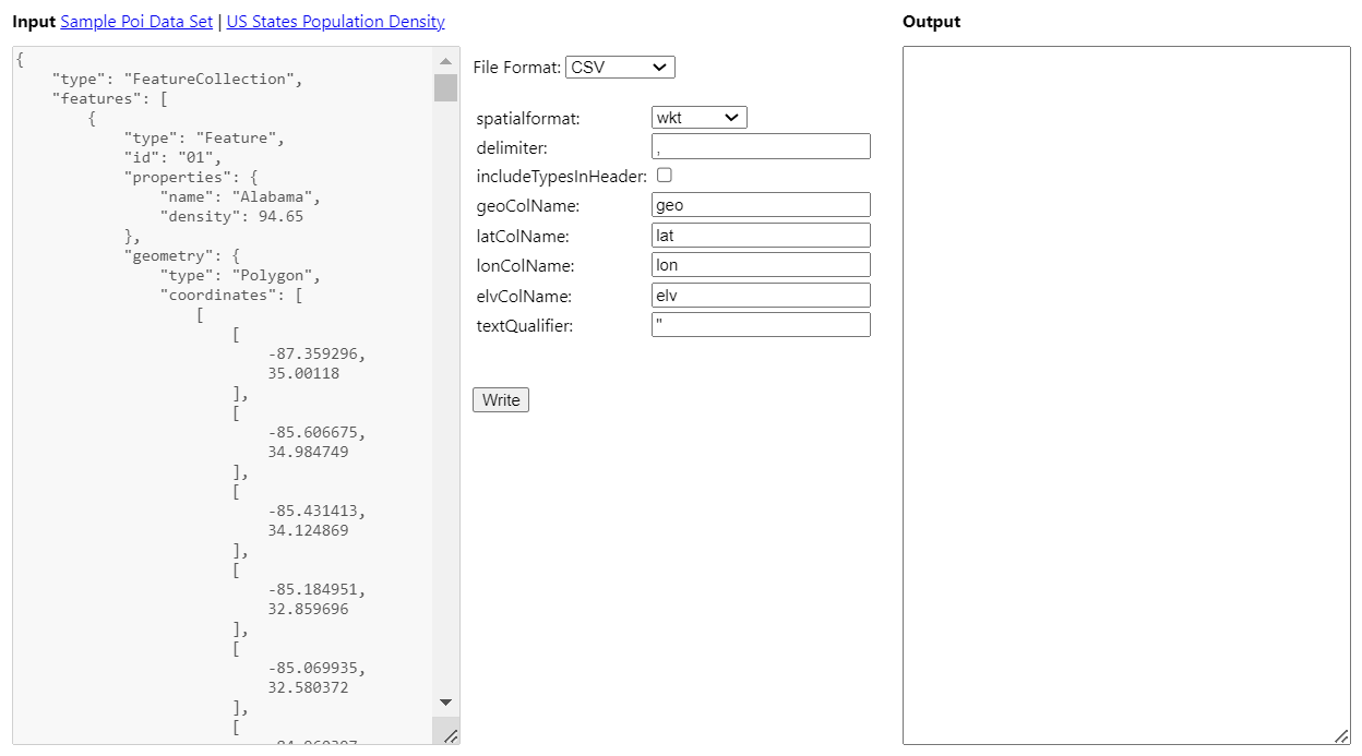En skärmbild som visar exempel på alternativ för spatial dataskrivning som visar de flesta av de skrivalternativ som används med funktionen atlas.io.write.