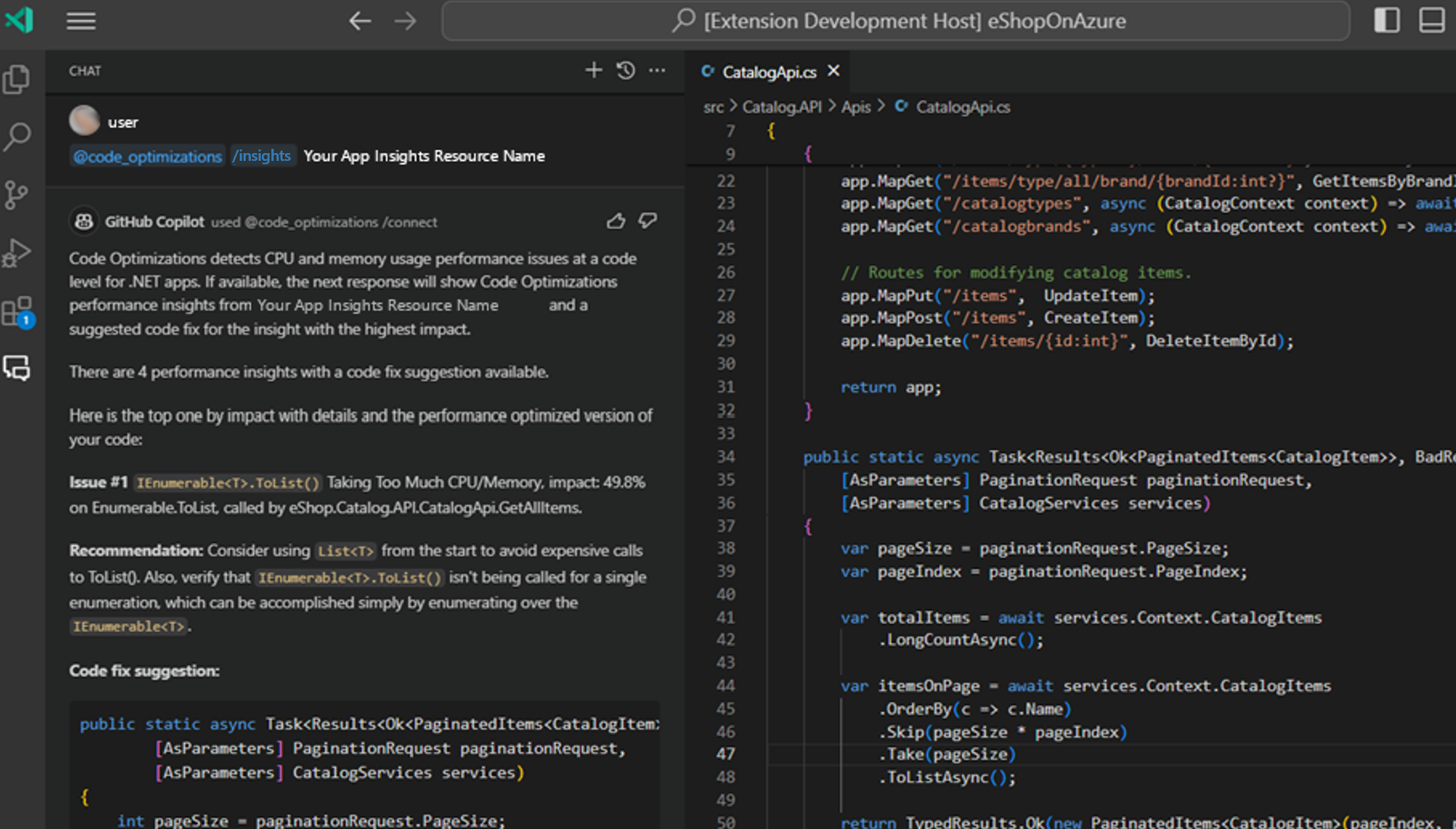 Skärmbild av resultatet från körning av kommandot code-optimizations connect i Visual Studio Code.