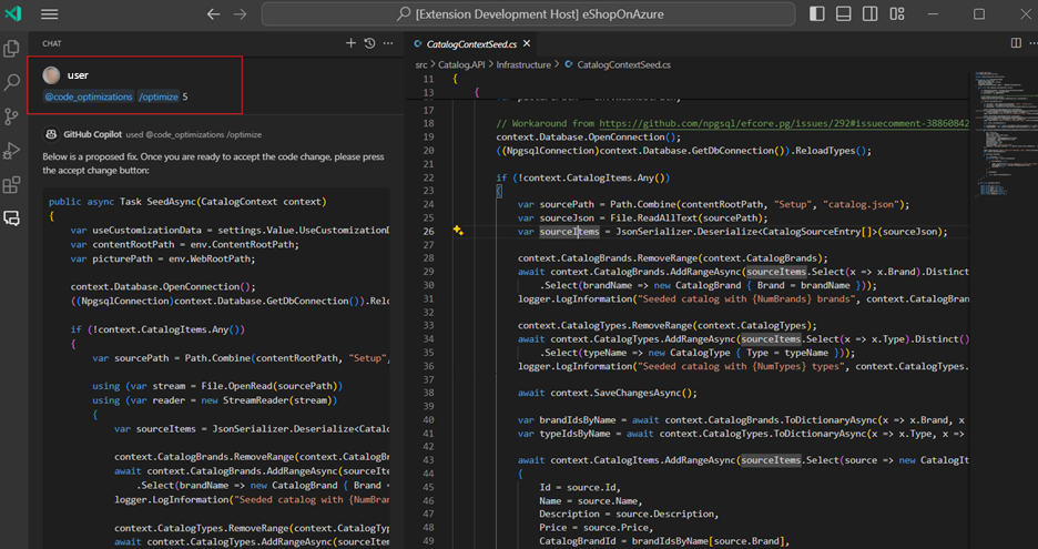 Skärmbild av körningen av optimeringskommandot i copilot.