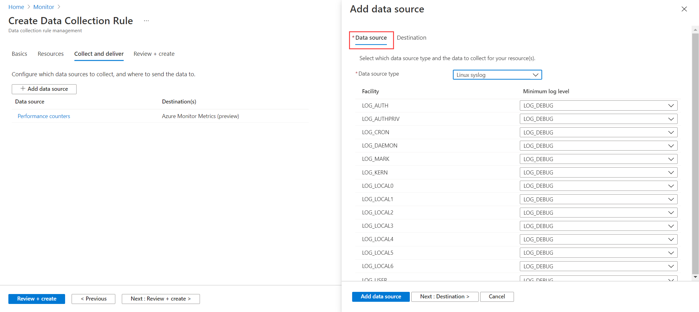Skärmbild som visar datainsamlingsregeln Linux-loggdatakälla.