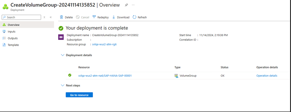 Skärmbild av en resurs som har skapats.