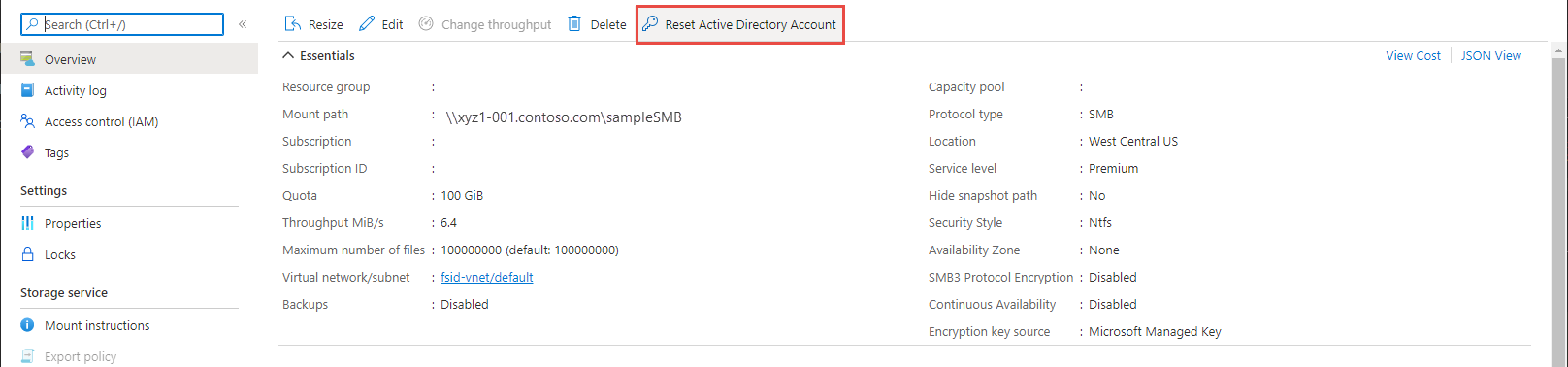 Azure Volume Overview-gränssnittet med knappen Återställ Active Directory-konto markerat.