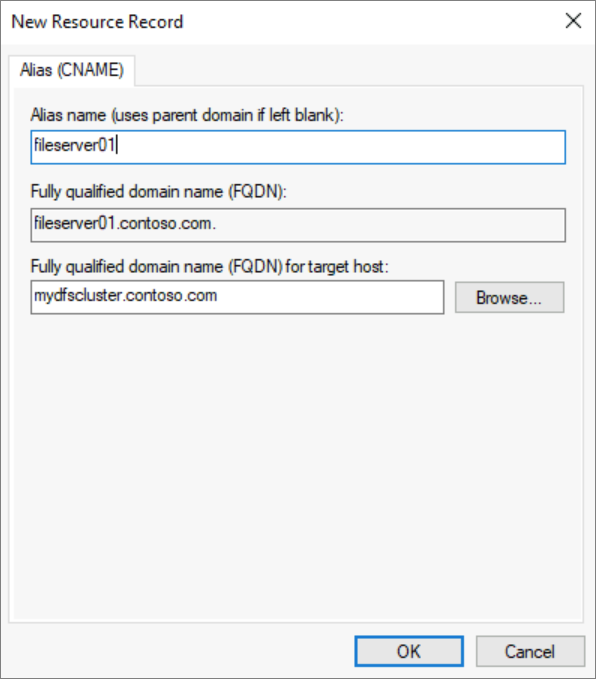 En skärmbild som visar den nya resursposten för en CNAME DNS-post.