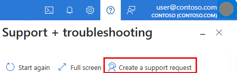 Skärmbild av hjälpmenyn med länken Skapa en supportbegäran.