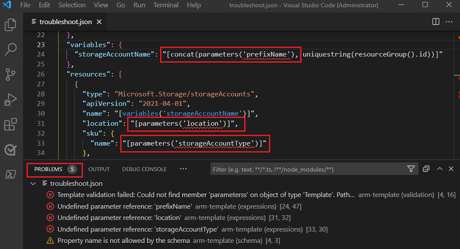 Skärmbild av Visual Studio Code som visar fliken Problem med odefinierade parameterreferensfel för avsnitten