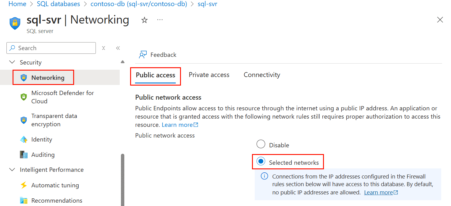 Skärmbild av Azure-portalen, sidan Nätverk, som visar att åtkomst till offentligt nätverk är aktiverat.
