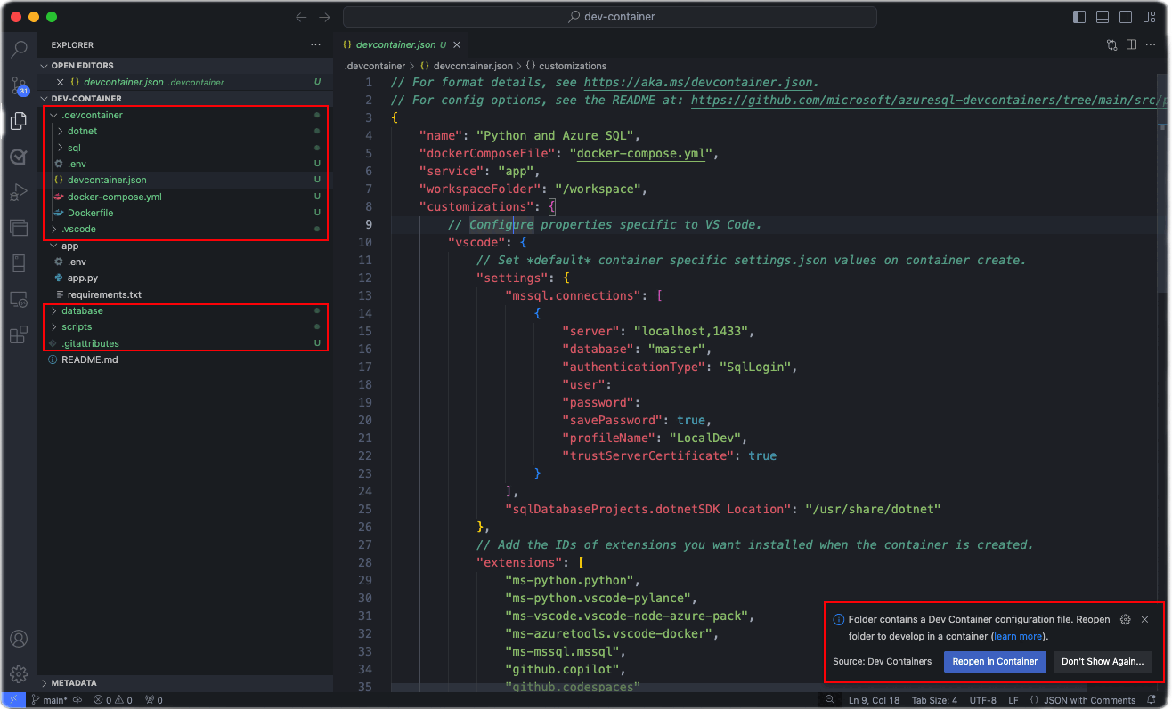 Skärmbild av Visual Studio Code som genererar konfigurationsfiler för Azure SQL Dev Containers.