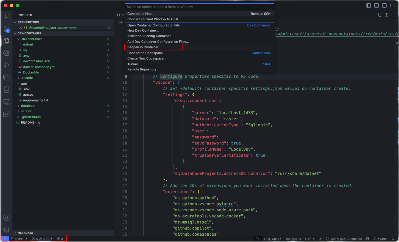 Skärmbild av Visual Studio Code-uppmaning om att öppna projektet i containern igen.