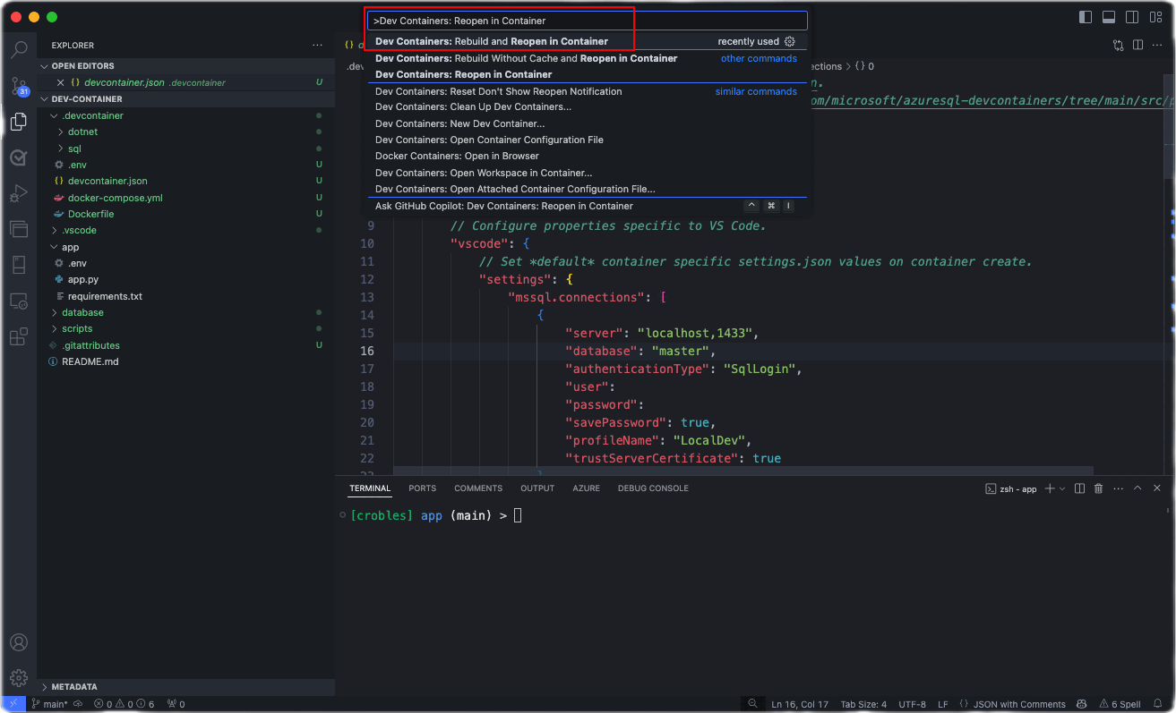 Skärmbild av kommandopaletten Dev Containers för att öppna igen i containern i Visual Studio Code.