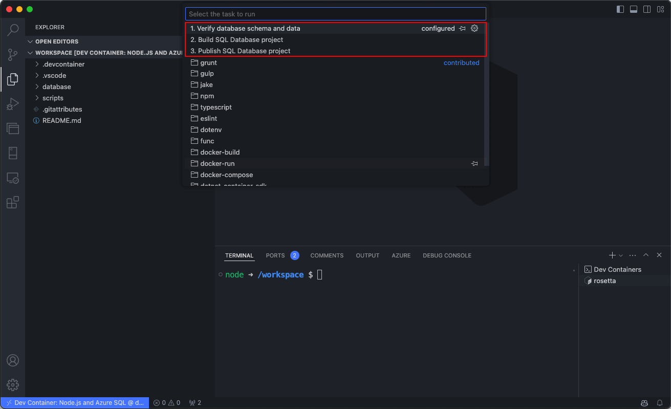 Skärmbild av en lista över fördefinierade uppgifter i Visual Studio Code för Dev Containers.