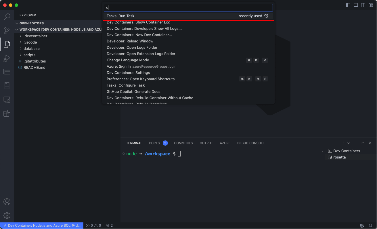 Skärmbild av Visual Studio Code-kommandopaletten som visar alternativet att köra fördefinierade uppgifter.