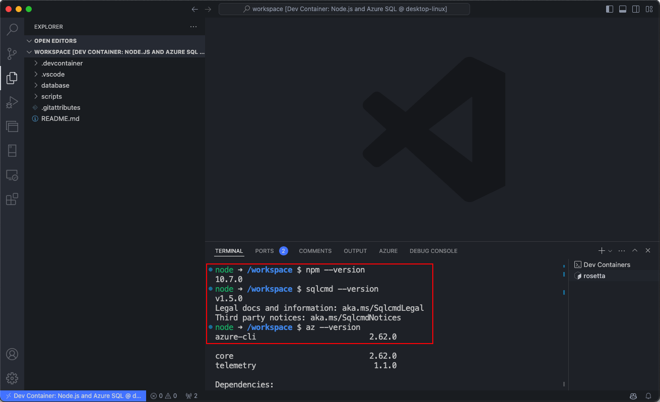 Skärmbild av Terminal i Visual Studio Code för att verifiera konfigurationen av Dev Container.