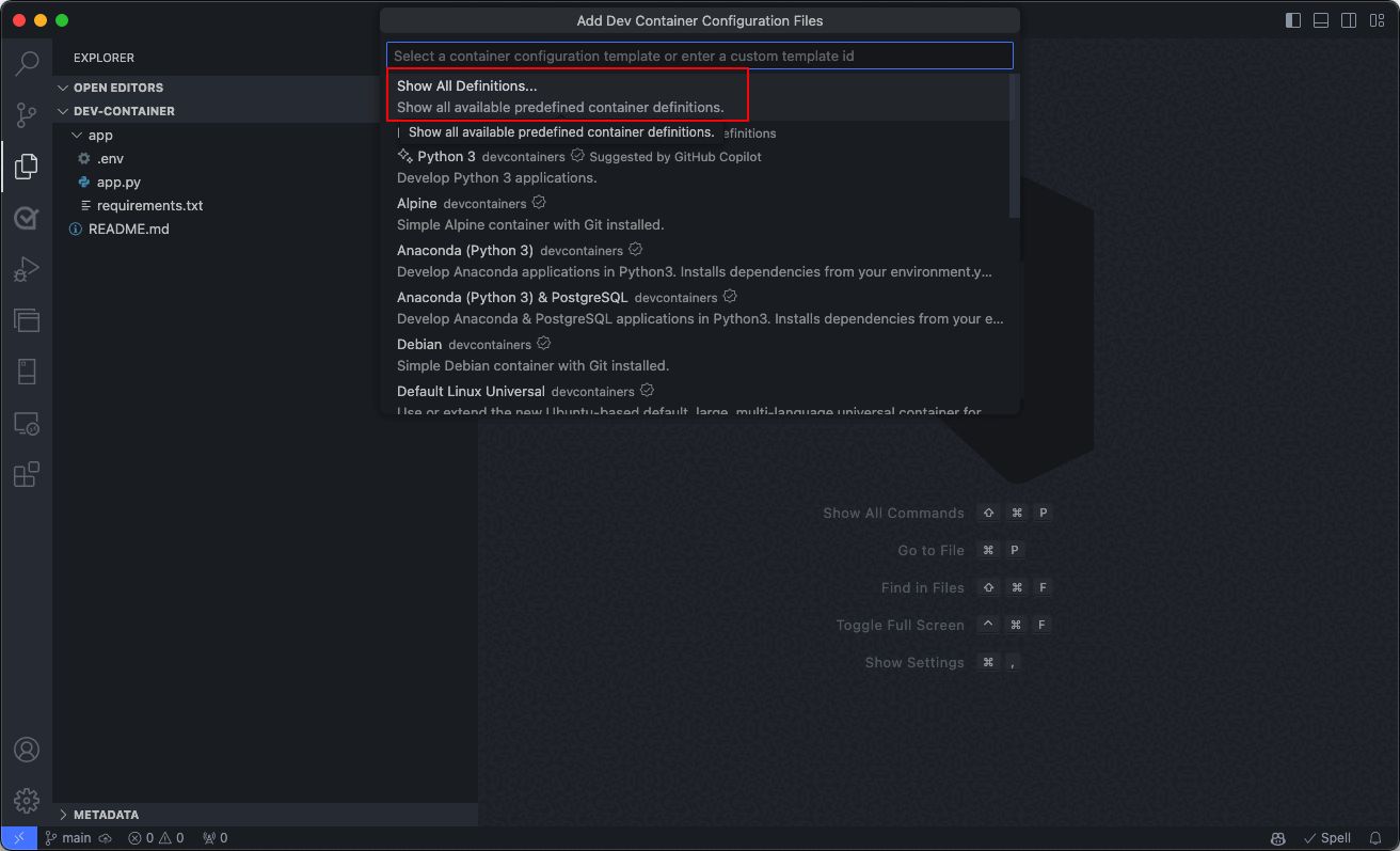 Skärmbild av Visual Studio Code-kommandopaletten som visar alternativet att visa alla Dev Container-definitioner.
