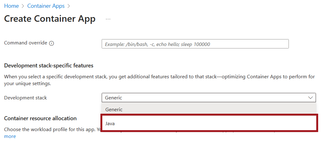 Skärmbild av Azure Portal där du kan välja Java-specifika funktioner för din containerapp.