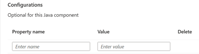 Skärmbild av avsnittet Konfigurationer med textrutorna Egenskapsnamn och Värde och möjligheten att ta bort en egenskap.