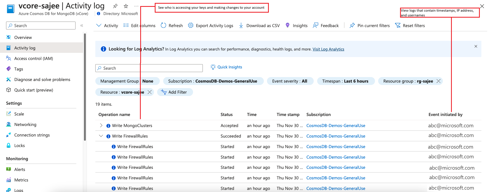 Skärmbild av aktivitetsloggar för Azure Cosmos DB.