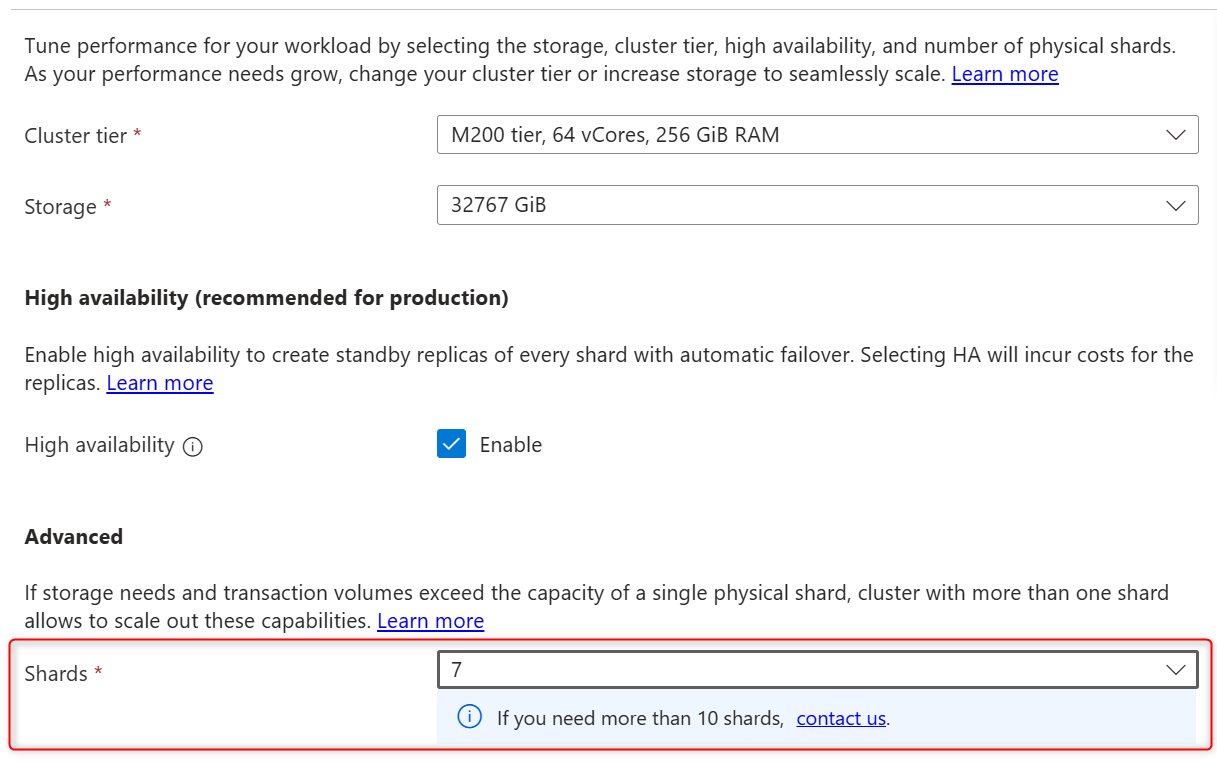 Skärmbild av listrutan för fysiska shardantal på sidan Skalning för ett kluster.