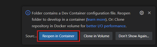 Skärmbild av ett popup-meddelande för att öppna den aktuella mappen i kontexten för en utvecklingscontainer.