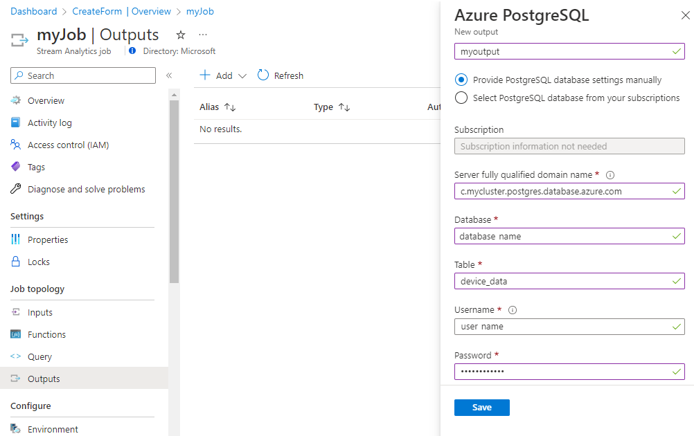 Konfigurera jobbutdata i Azure Stream Analytics.