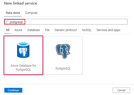 Välj Azure-databasen för PostgreSQL-anslutning.
