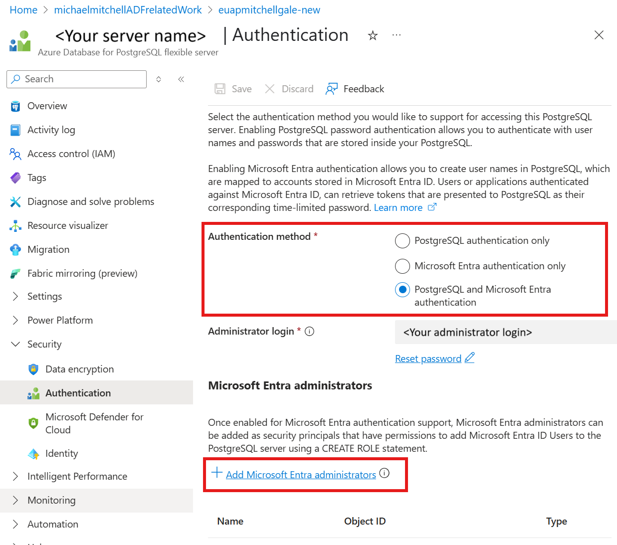 Skärmbild av konfigurationen av användartilldelade hanterade identiteter i Azure Database for PostgreSQL-servern.