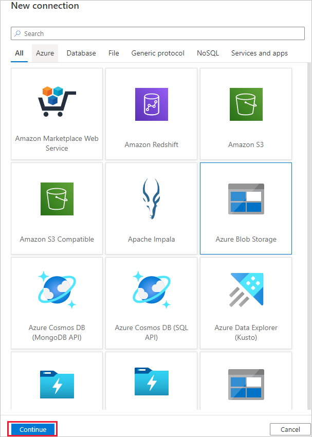 Skärmbild som visar galleriet med tjänsttyper i dialogrutan för en ny anslutning, med Azure Blob Storage valt.