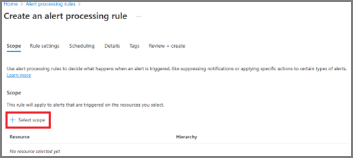Skärmbild som visar omfångsmenyn i guiden Skapa en regel för aviseringsbearbetning för en Azure Stack Edge-resurs. Alternativet Plus välj omfång är markerat.