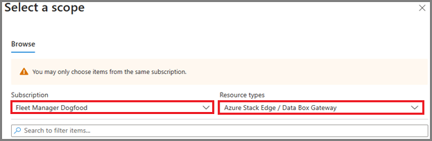 Skärmbild som visar menyn Välj ett omfång för en Azure Stack Edge-resurs. Listrutorna Välj prenumeration och Resurstyper är markerade.