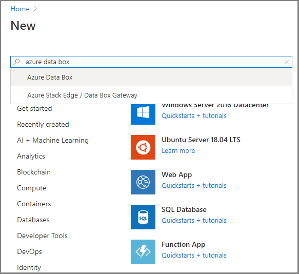 Skärmdump av sökresultaten som visas när du skapar en ny Data Box-beställning.