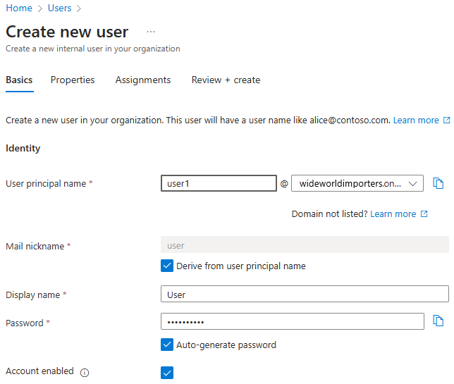 Skärmbild av Azure Portal som visar fönstret Skapa ny användare Grundläggande för en vanlig användare.