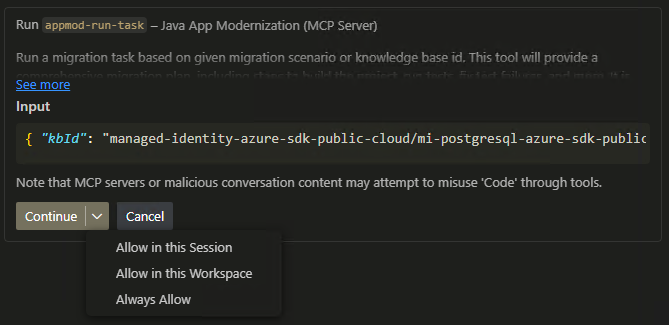 Skärmbild av chattfönstret GitHub Copilot som visar knappen Fortsätt och den nedrullningsbara menyn med Alternativet Tillåt.