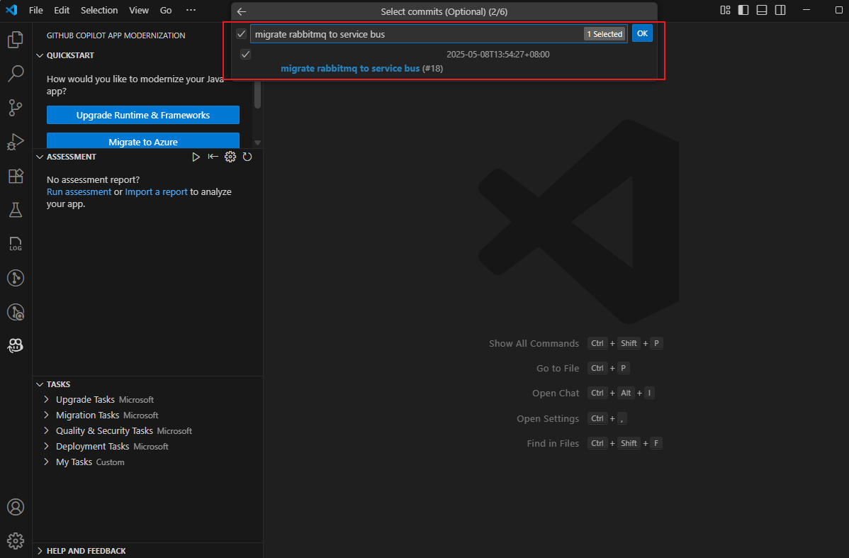 Skärmbild av dialogrutan Visual Studio Code med rubriken Välj incheckningar som du vill spara.