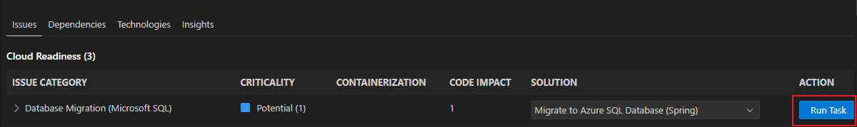 Skärmbild av fönstret Problem med Visual Studio Code som visar alternativet Migrera till Azure SQL Database med knappen Kör uppgift markerad.