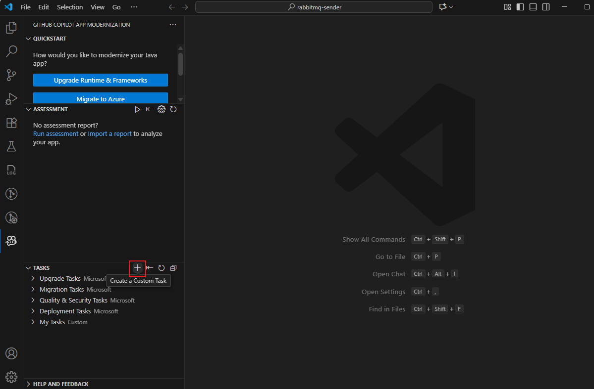 Skärmbild av Visual Studio Code som visar knappen för Skapa anpassad uppgift.