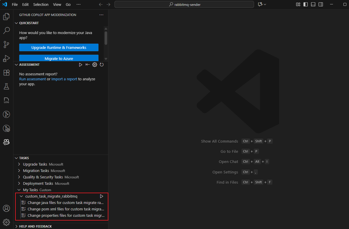Skärmbild av Visual Studio Code som visar avsnittet Uppgifter med uppgiften rabbitmq som visas.
