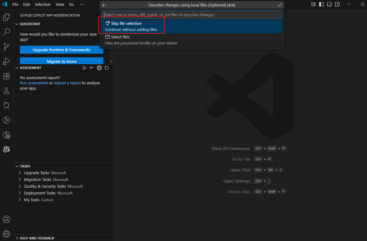 Skärmbild av Visual Studio Code som visar dialogrutan Beskriv ändringar med hjälp av lokala filer.