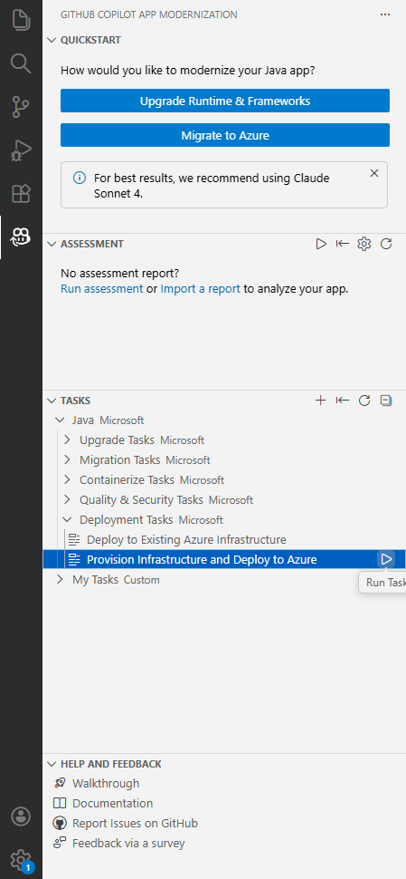 Skärmbild av Visual Studio Code som visar uppgiften Etablera infrastruktur och Distribuera till Azure med knappen Kör uppgift markerad.