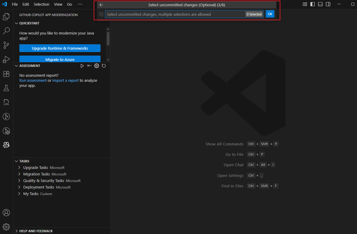 Skärmbild av dialogrutan Visual Studio Code med rubriken Välj ogenomförda ändringar.