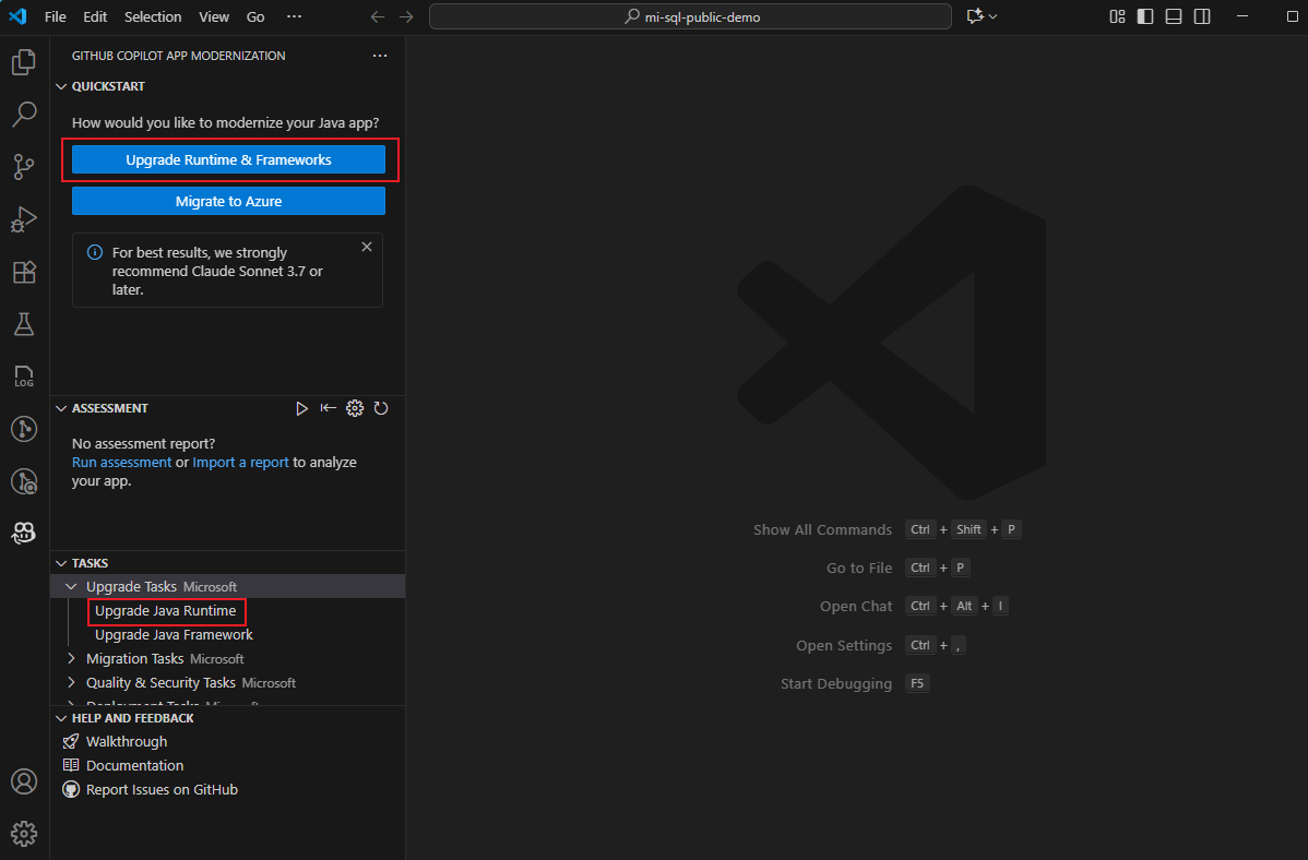 Skärmbild av Visual Studio Code som visar moderniseringsfönstret för GitHub Copilot-appen med uppgraderingsalternativen markerade.