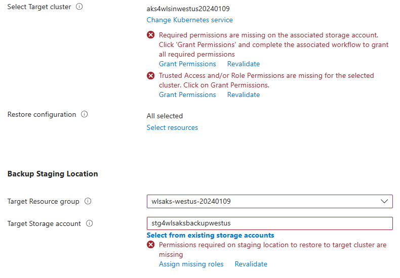 Skärmbild av Azure Portal som visar parameterfönstret Återställ.