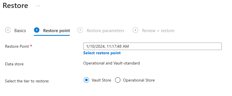 Skärmbild av Azure Portal som visar fönstret Återställningspunkt.