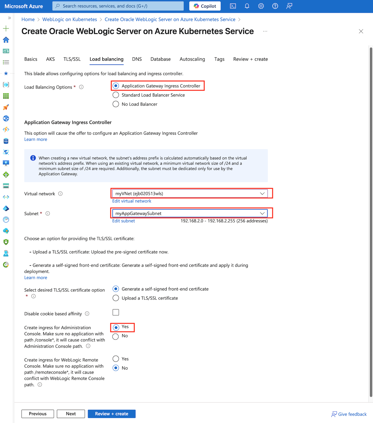 Skärmbild av Azure Portal som visar fönstret Nätverk på sidan Skapa Oracle WebLogic Server på Azure Kubernetes Service.