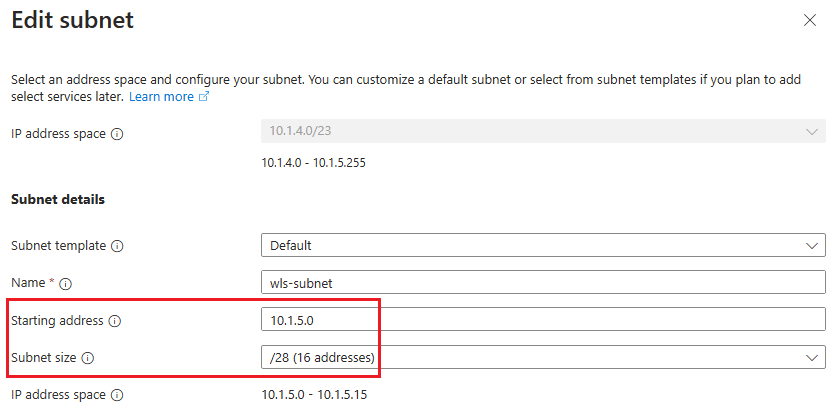 Skärmbild av Azure-portalen som visar Oracle WebLogic Server-klustret på WLS-undernätet för virtuella Azure-datorer i fönstret Virtuellt nätverk.