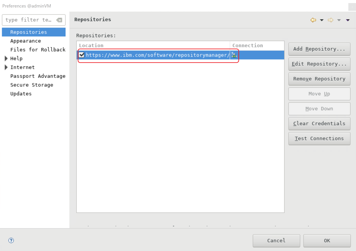 Skärmbild av en produktlagringsplats som lagts till i IBM WebSphere Application Server.