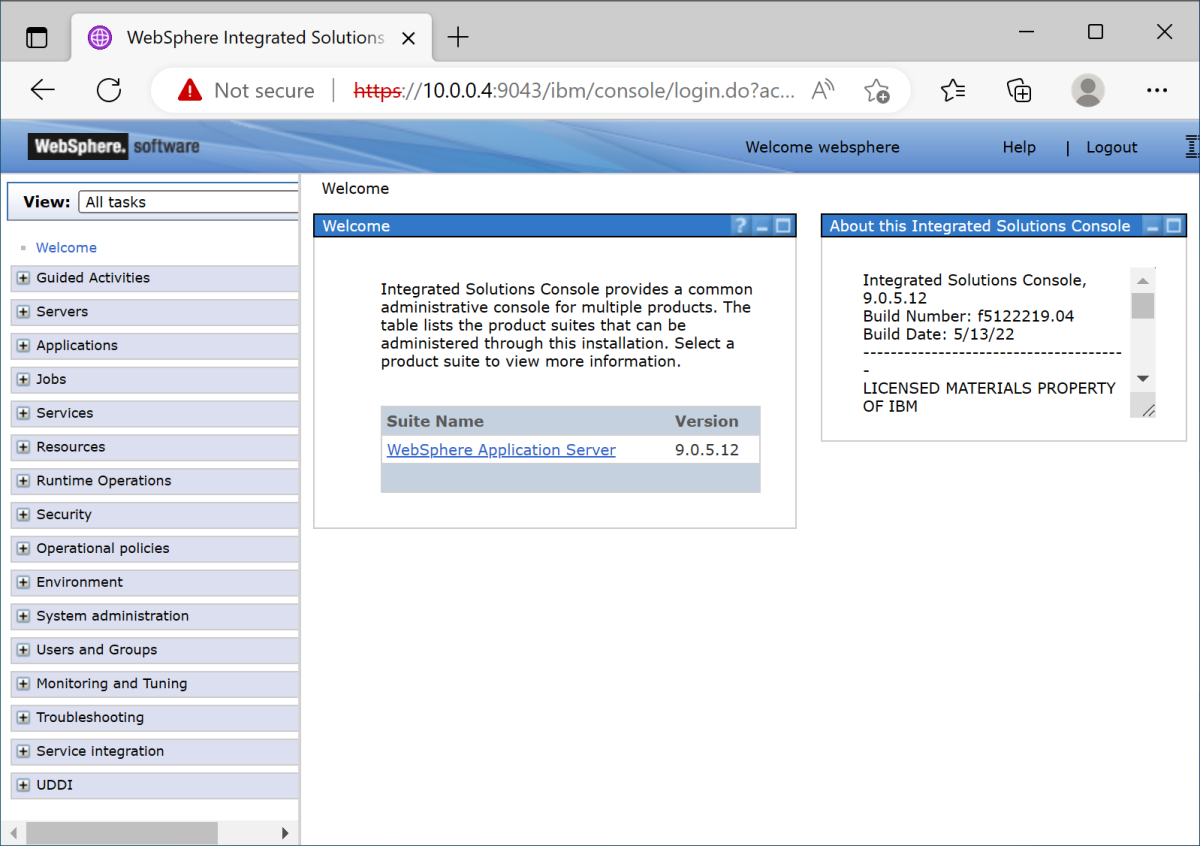 Skärmbild av välkomstinformation i IBM-konsolen.