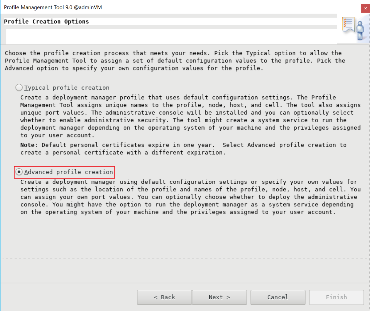 Skärmbild av fönstret Alternativ för skapande av profil i IBM-profilhanteringsverktyget.