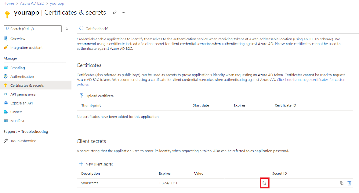 certifikat och hemligheter-skärmen med kopieringsknappen markerad.