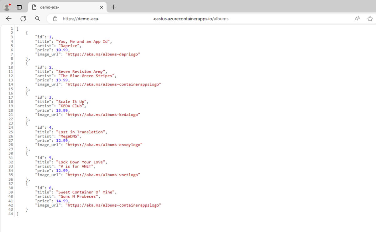 Skärmbild av den distribuerade appen i ett webbläsarfönster.