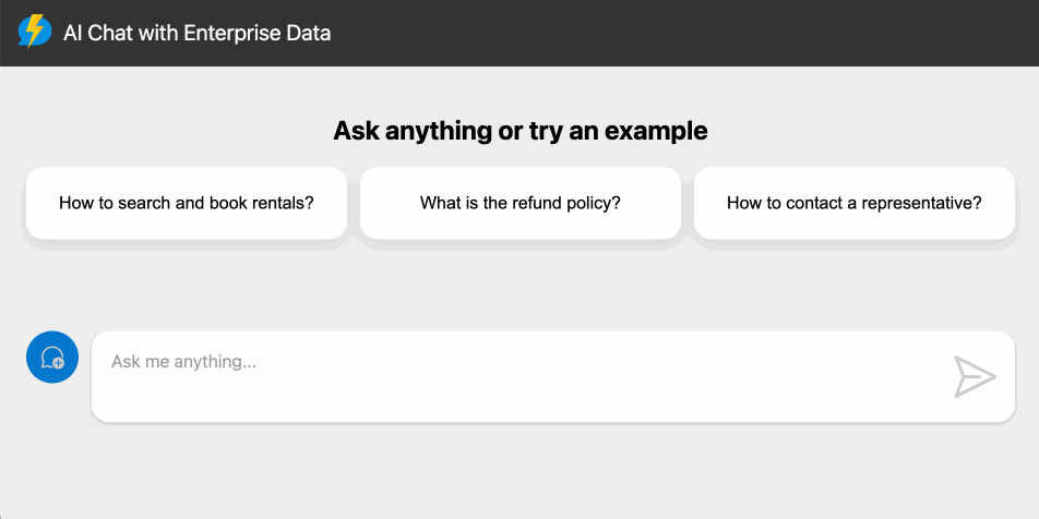 Skärmbild av chattappen i webbläsaren som visar chatttextrutan och flera förslag på chattindata.