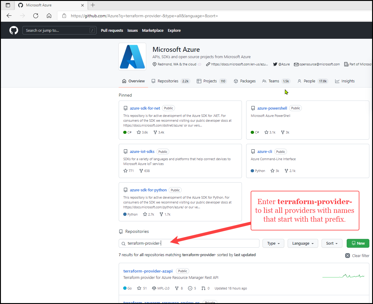 Hitta en GitHub-lagringsplats för Terraform-providern genom att söka efter prefixet